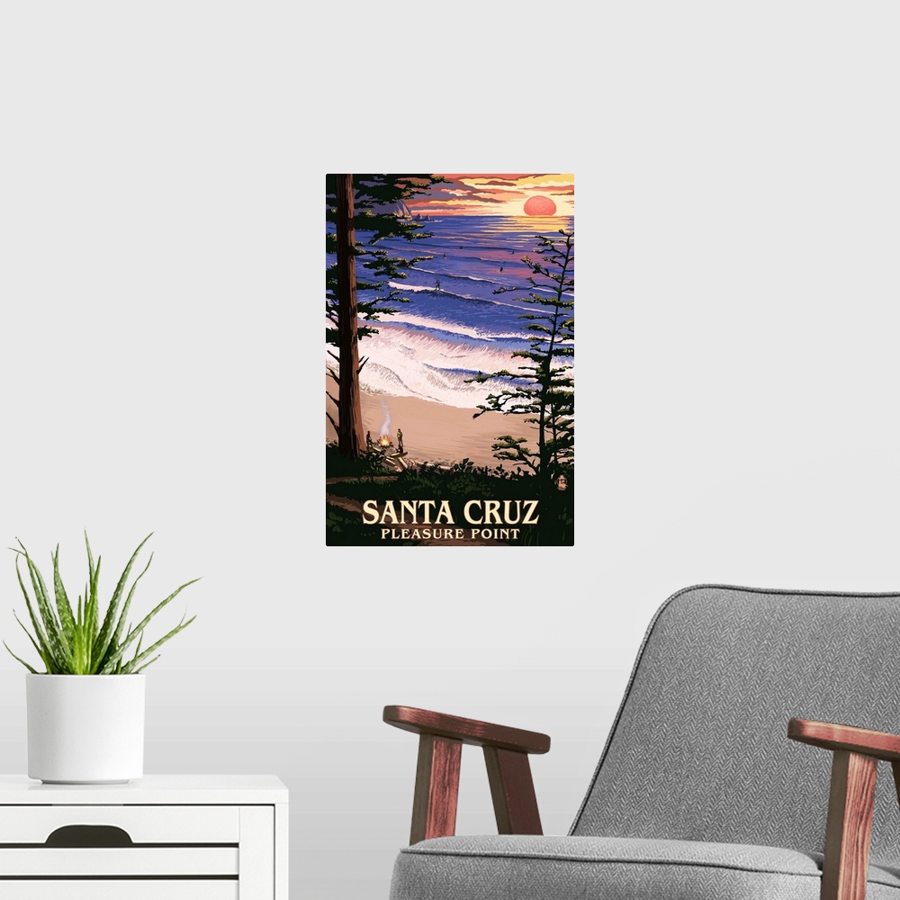 A modern room featuring Santa Cruz, California - Pleasure Point Sunset and Surfers: Retro Travel Poster