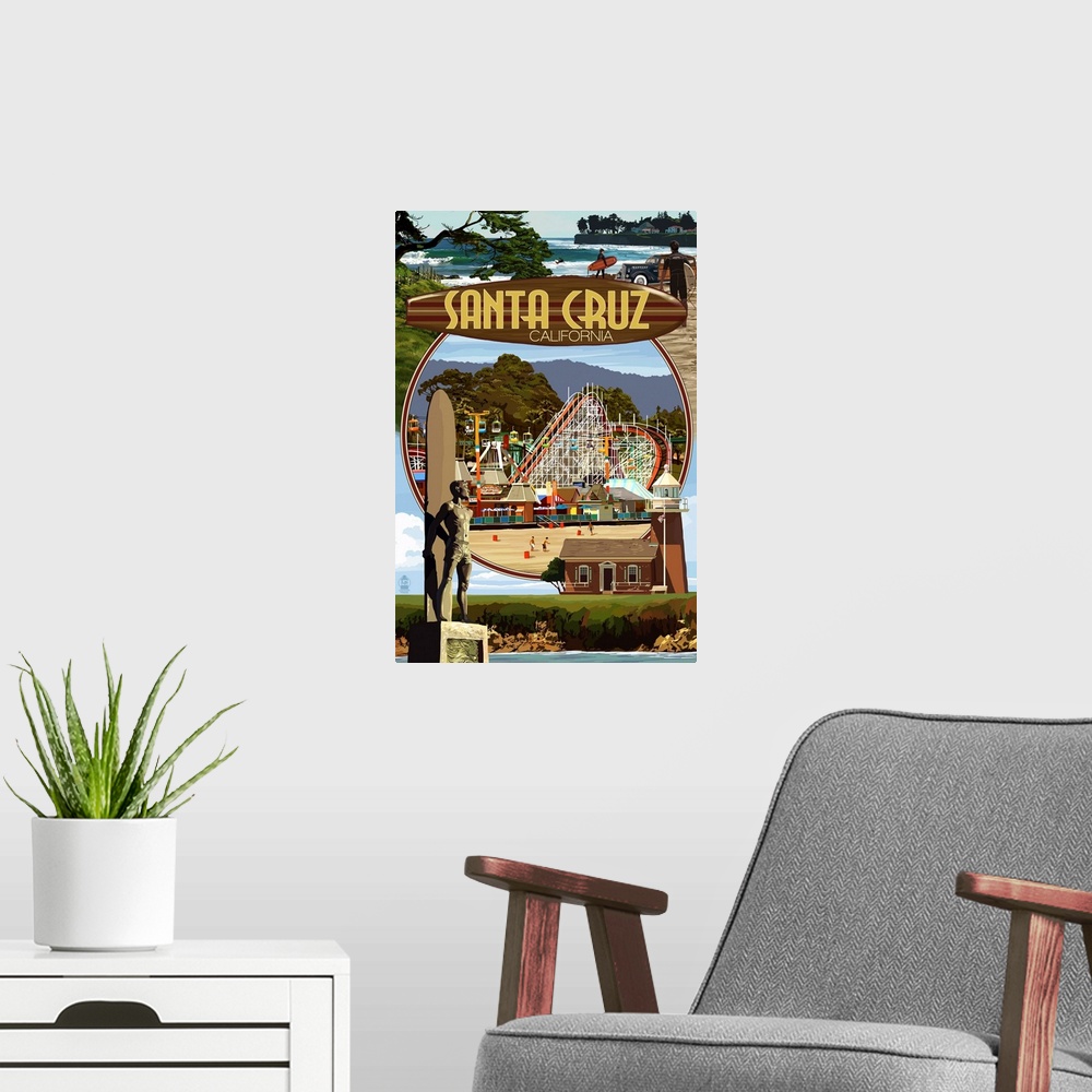 A modern room featuring Retro stylized art poster of a montage of images. With an amusement park in the middle.