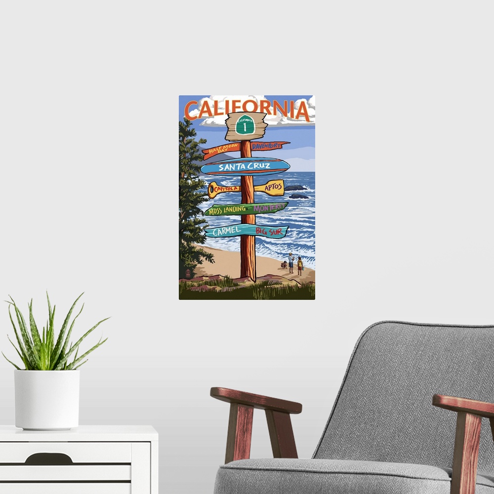 A modern room featuring Santa Cruz, California - Signpost Destinations: Retro Travel Poster