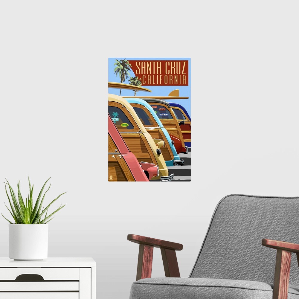 A modern room featuring Retro stylized art poster of a row of vintage woody wagons, with surfboard on top of them.