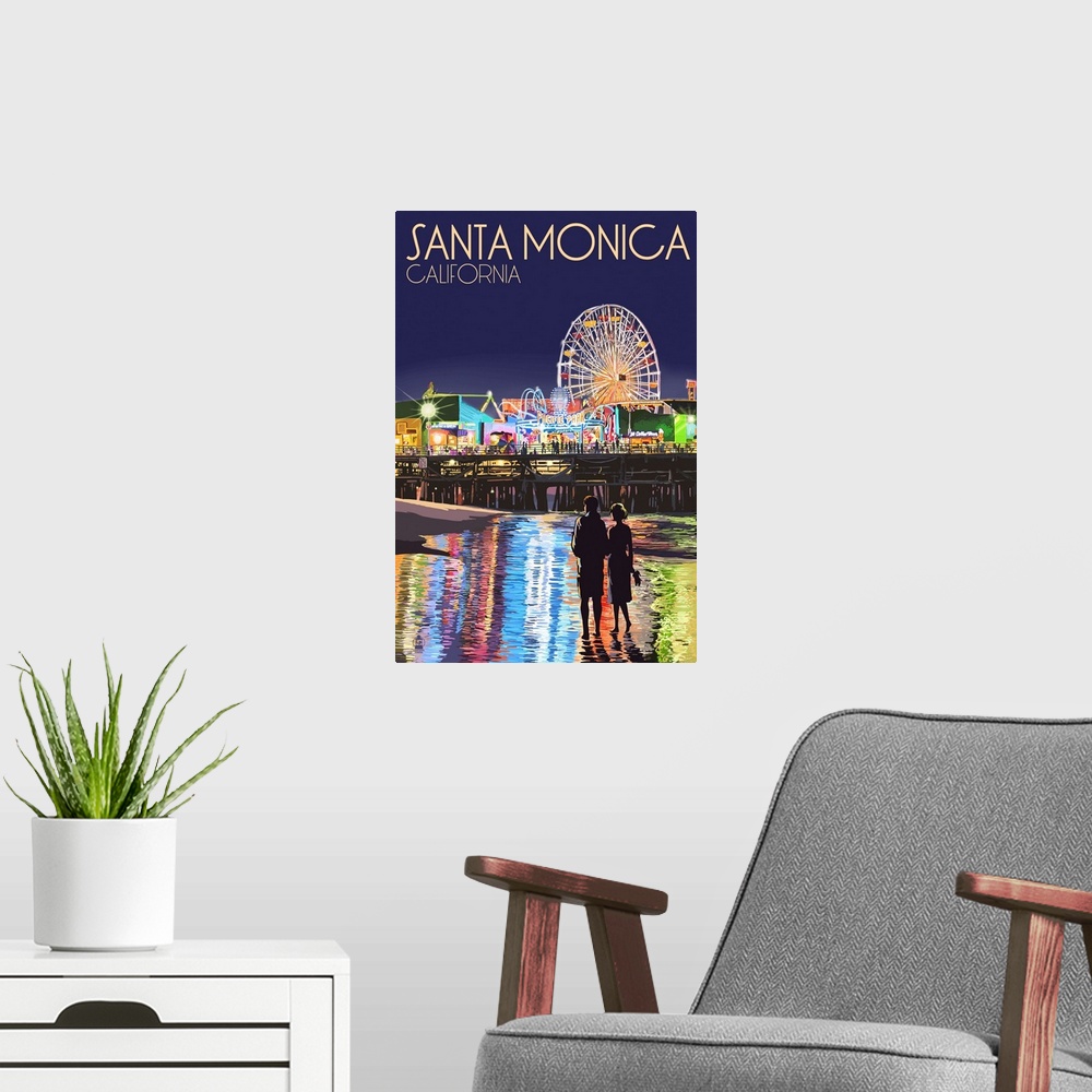 A modern room featuring Santa Monica, California - Pier at Night: Retro Travel Poster