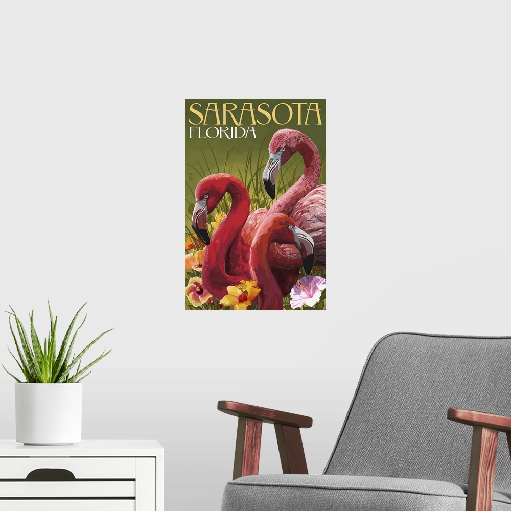 A modern room featuring Sarasota, Florida - Flamingos: Retro Travel Poster