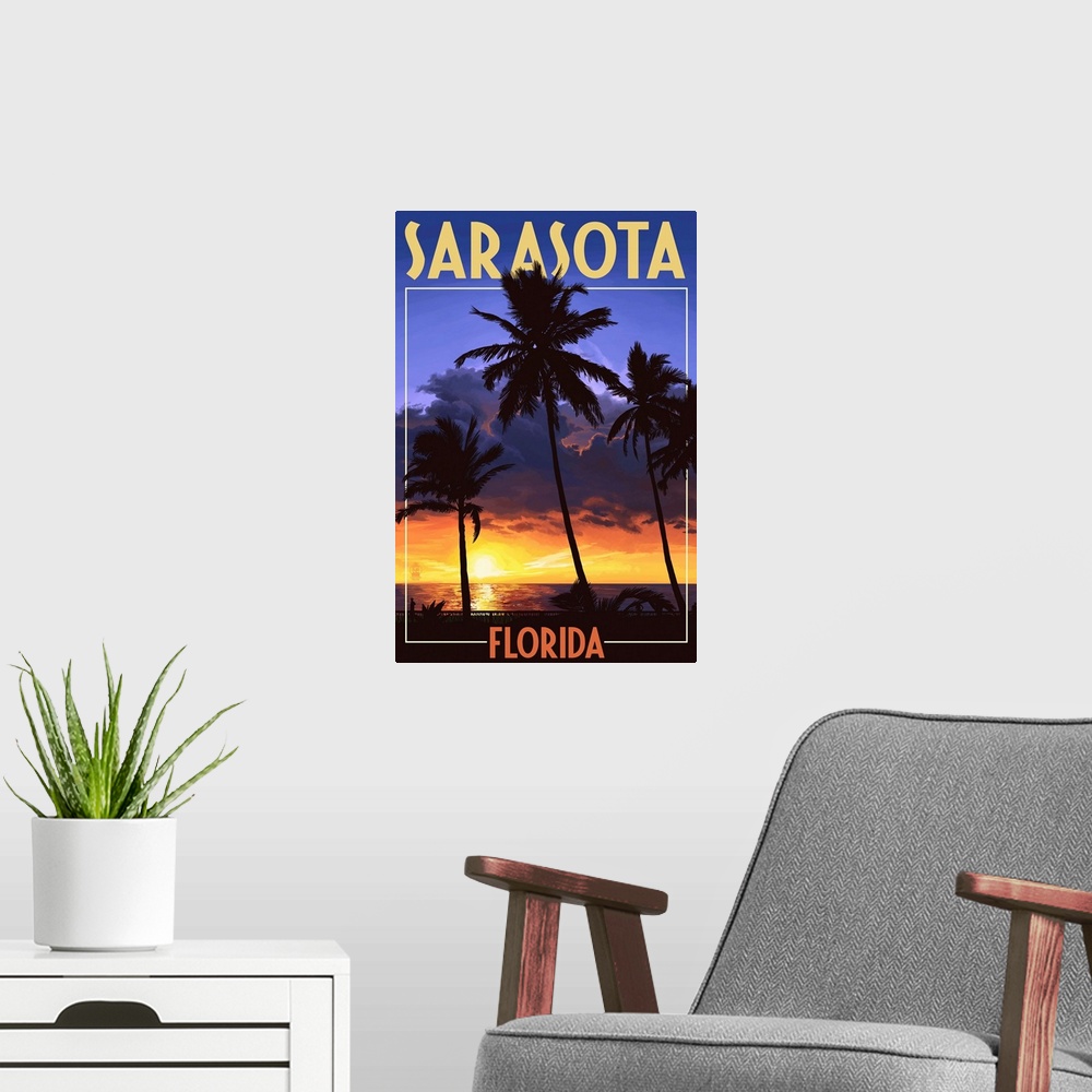 A modern room featuring Sarasota, Florida - Palms and Sunset: Retro Travel Poster