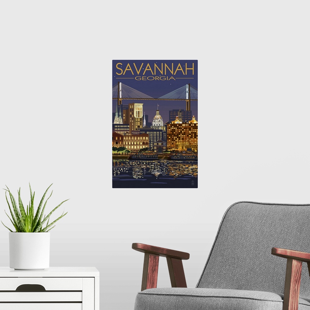 A modern room featuring Savannah, Georgia at Night: Retro Travel Poster