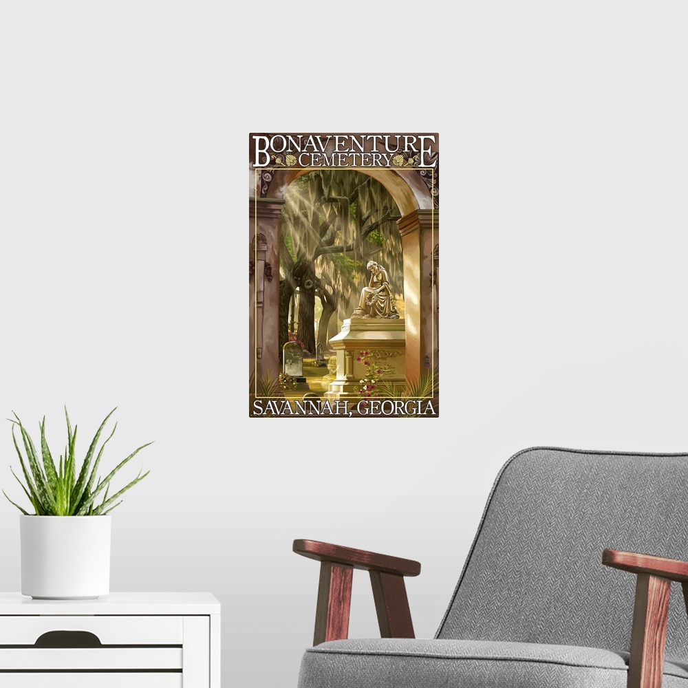 A modern room featuring Retro stylized art poster of a cemetery with a golden statue.