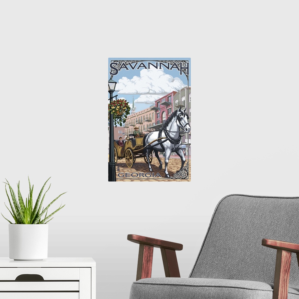A modern room featuring Retro stylized art poster of a white horse pulling a carriage on a coblestone road