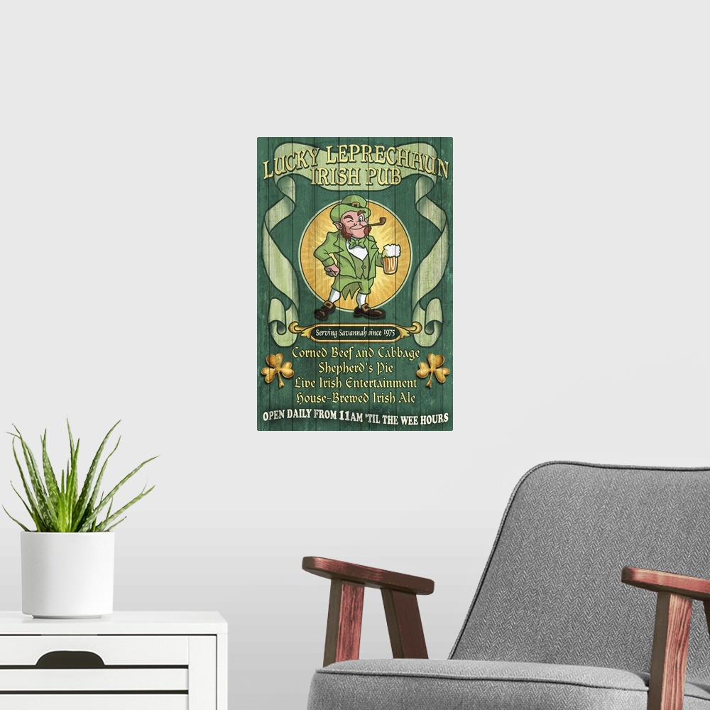 A modern room featuring Savannah, Georgia - Leprechaun Irish Pub Vintage Sign: Retro Travel Poster