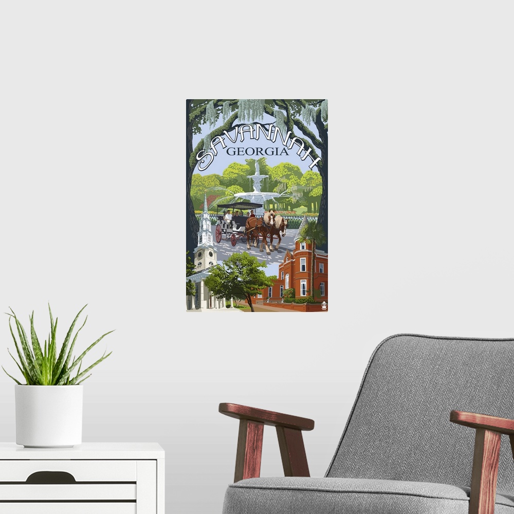 A modern room featuring Savannah, Georgia Town Views: Retro Travel Poster