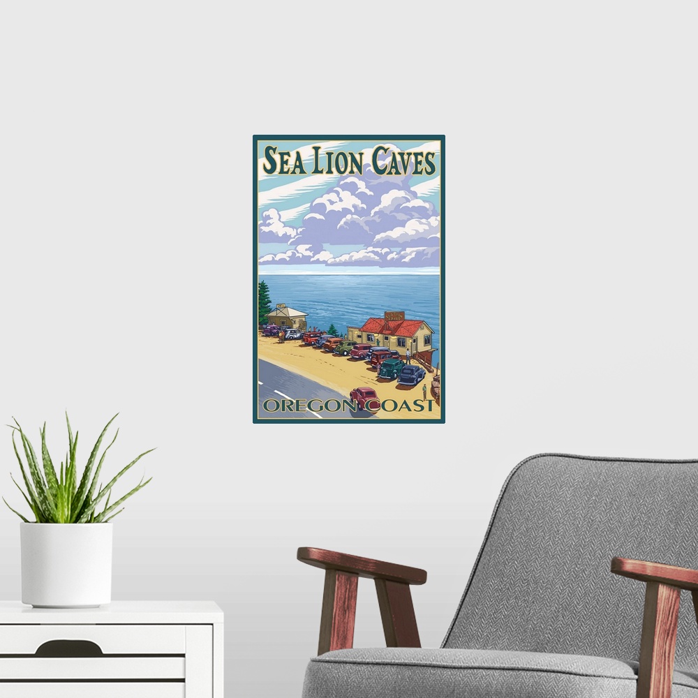 A modern room featuring Sea Lion Caves - Oregon Coast: Retro Travel Poster