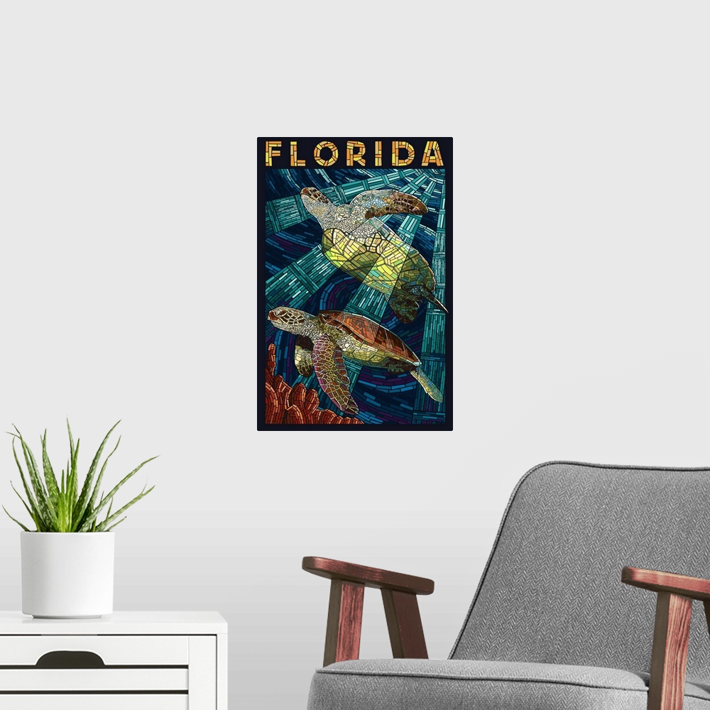 A modern room featuring Sea Turtle Paper Mosaic - Florida: Retro Travel Poster
