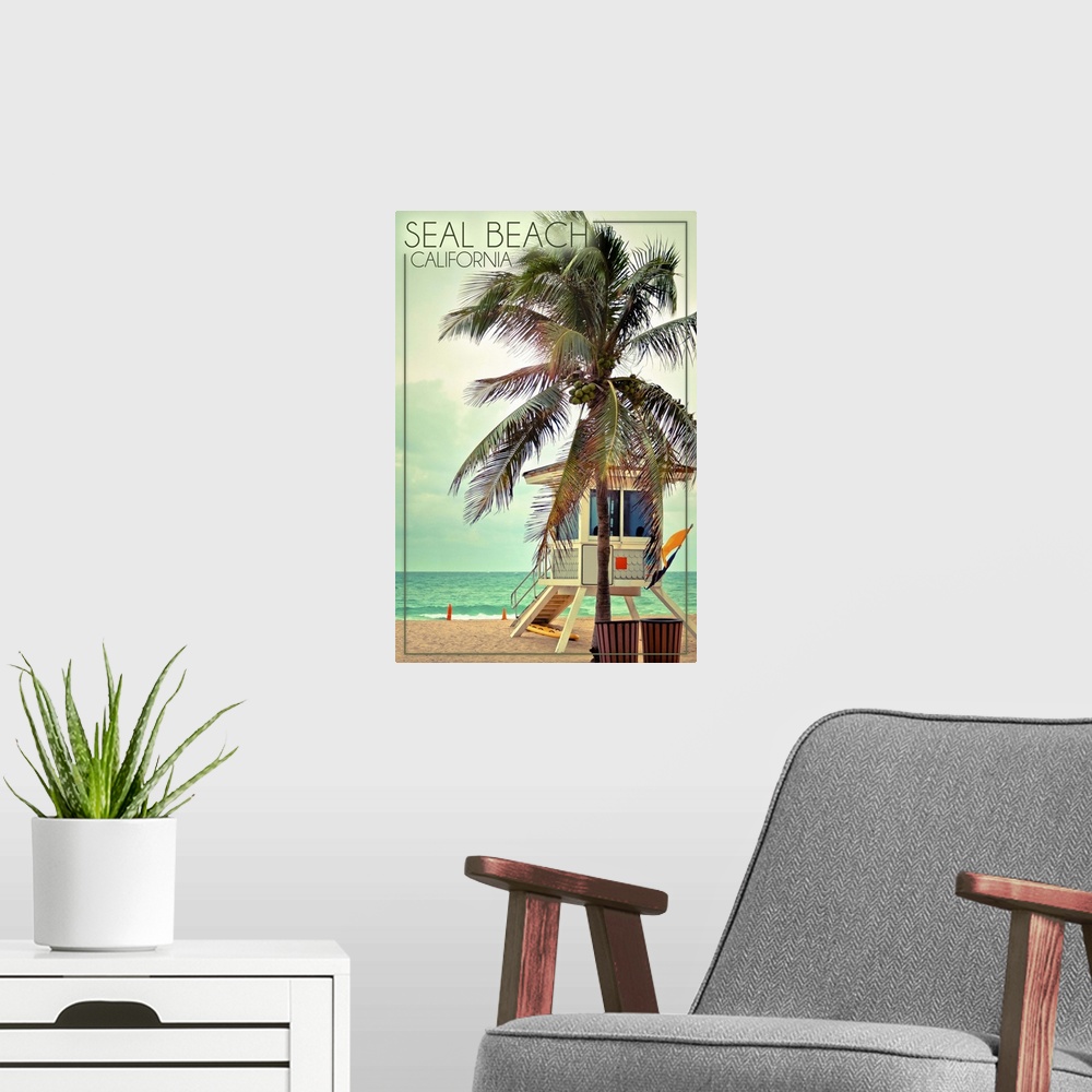 A modern room featuring Seal Beach, California, Lifeguard Shack and Palm