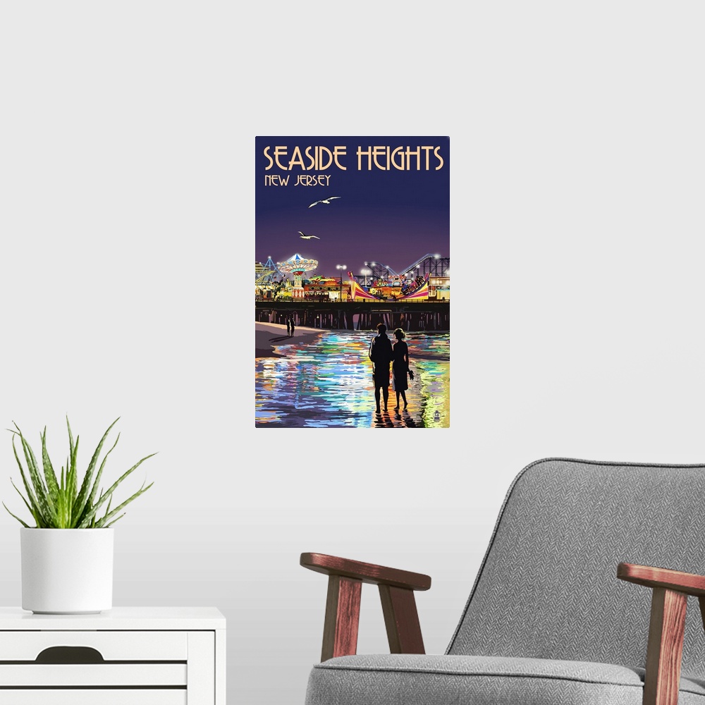 A modern room featuring Seaside Heights, New Jersey - Pier at Night: Retro Travel Poster