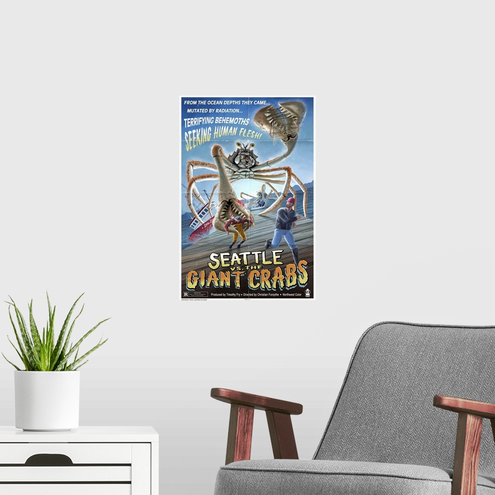 A modern room featuring Retro stylized art poster of a giant monster crustacean attacking two fisherman on a dock.