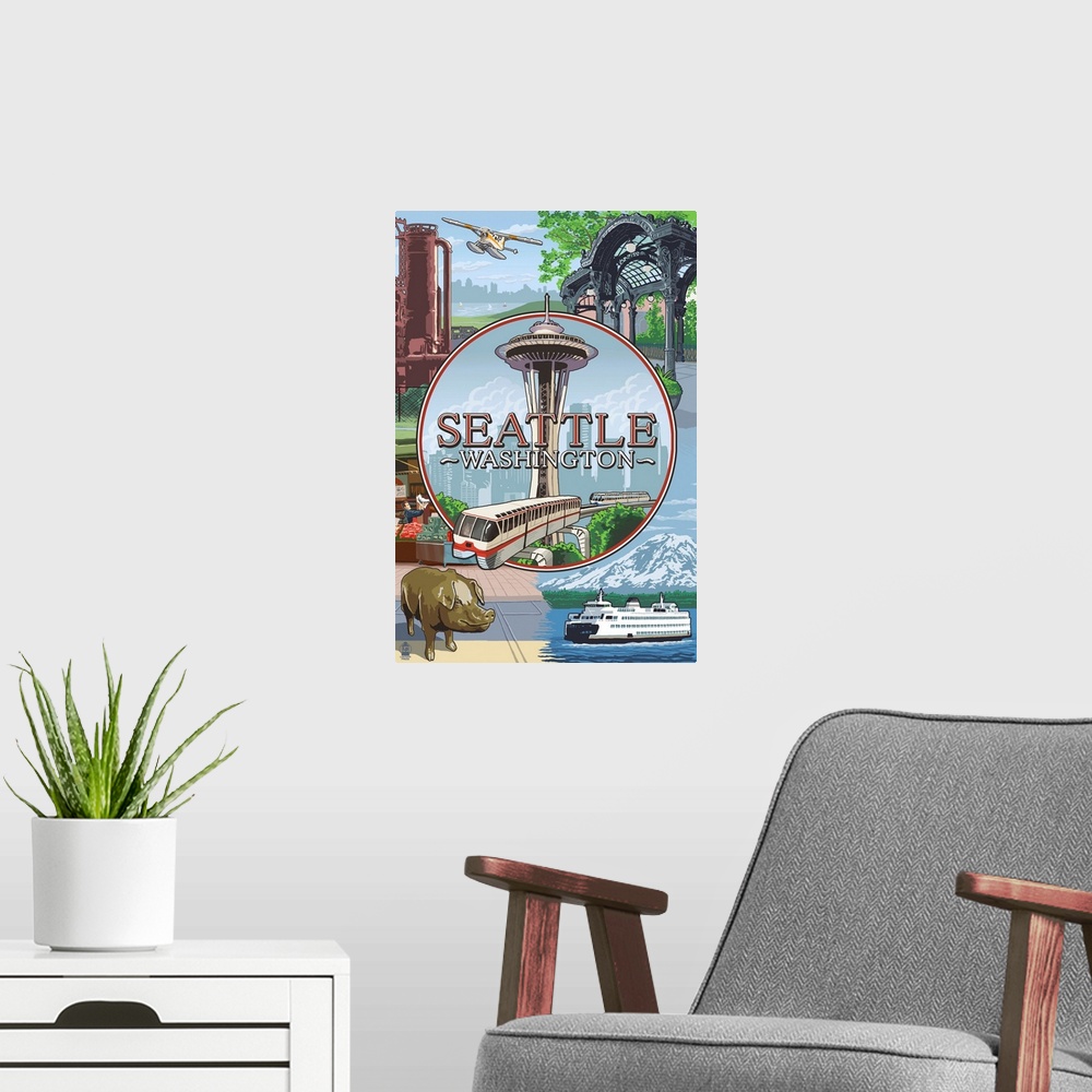A modern room featuring Seattle, WA Scenes Montage: Retro Travel Poster