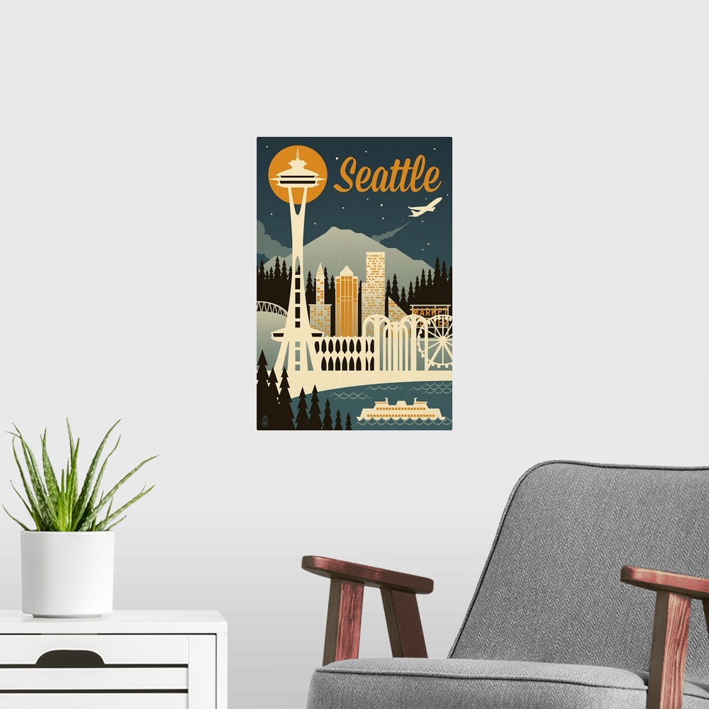 A modern room featuring Seattle, Washington - Retro Skyline: Retro Travel Poster