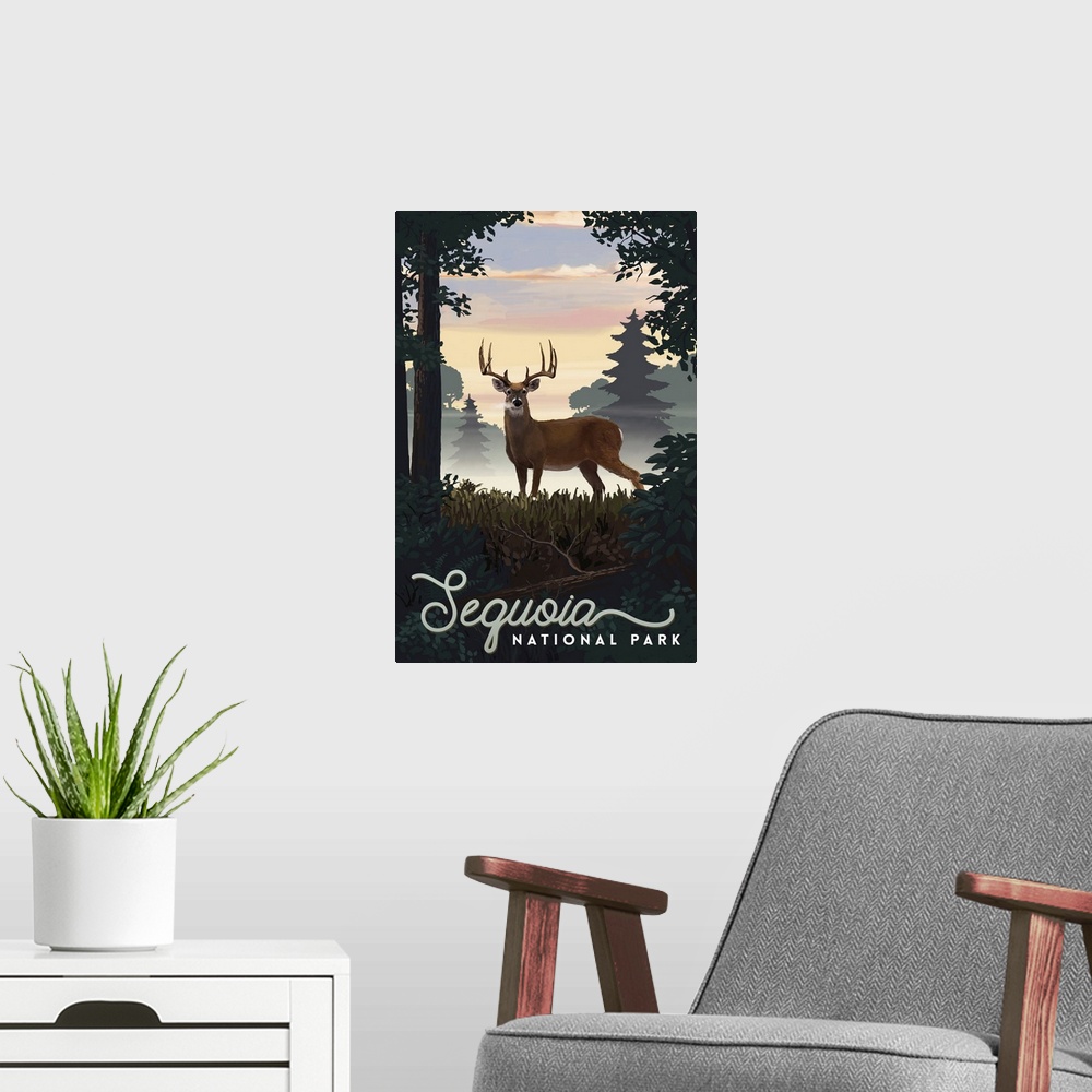 A modern room featuring Sequoia National Park, Dear In Meadow: Retro Travel Poster