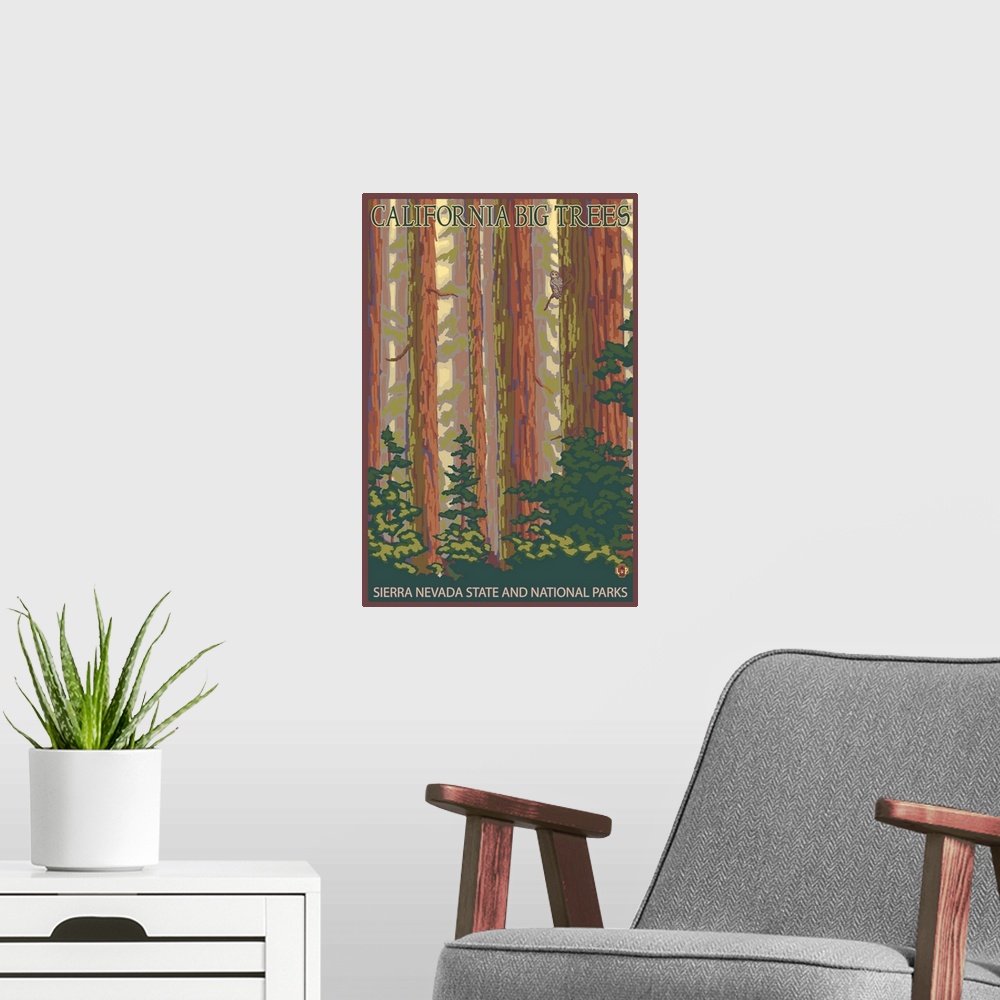 A modern room featuring Sierra Nevada State and National Parks, California, Forest Scene
