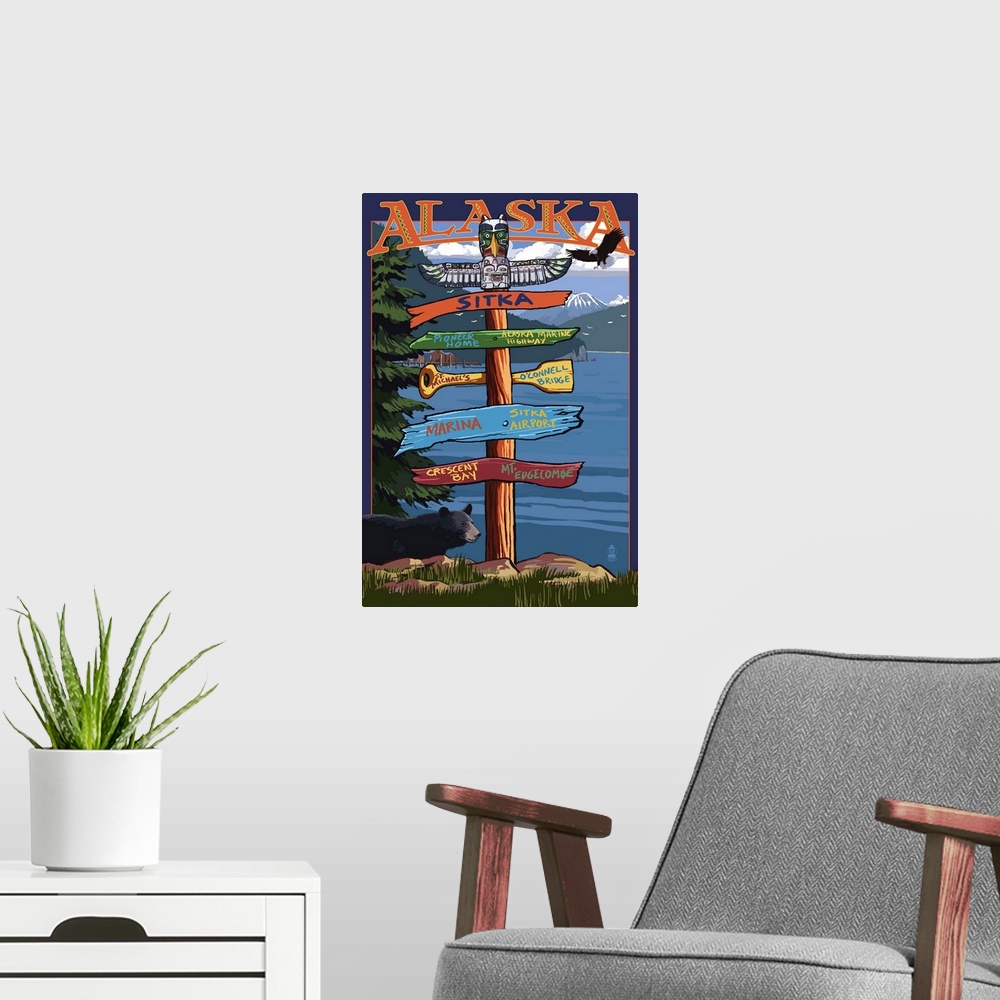 A modern room featuring Sitka, Alaska - Destination Sign: Retro Travel Poster