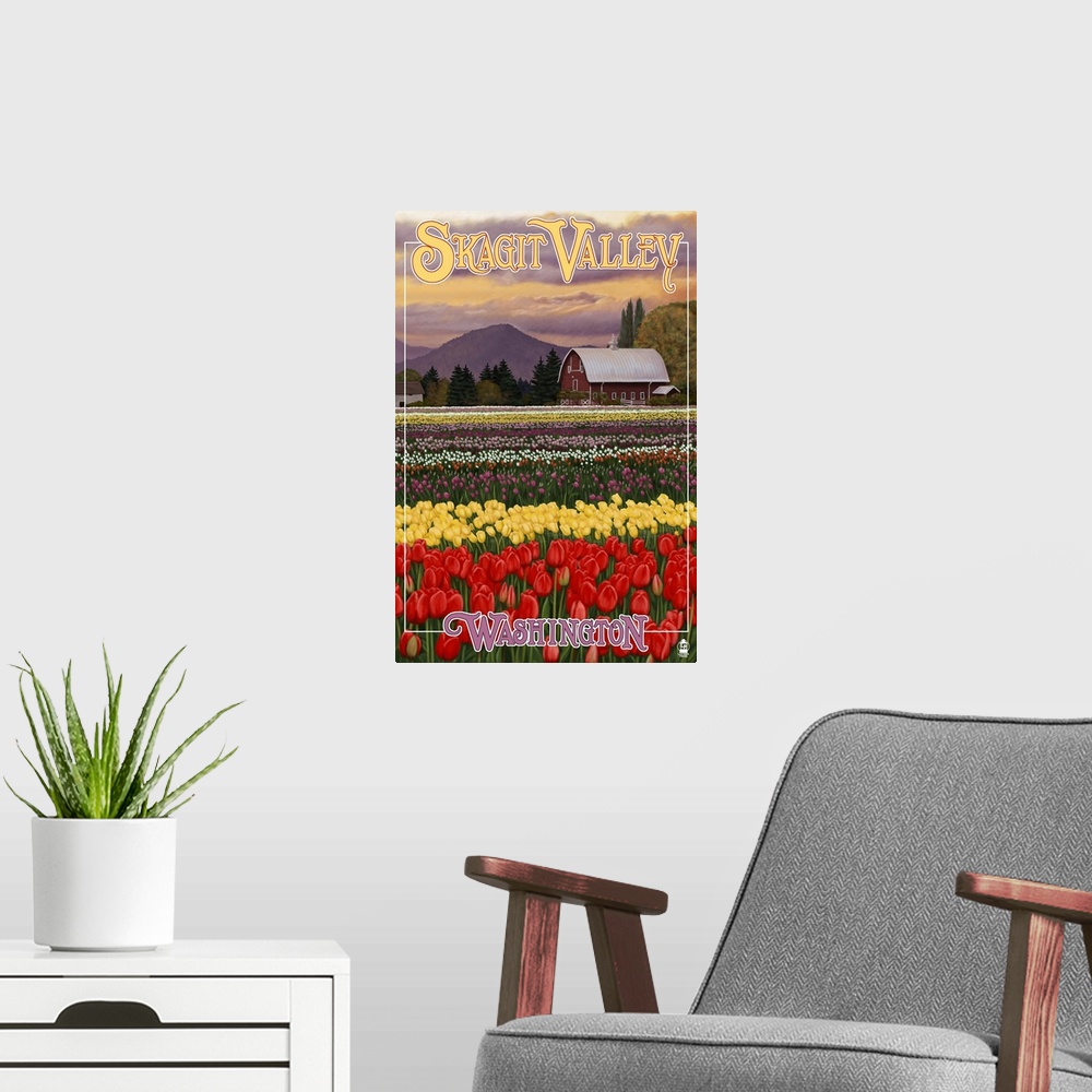 A modern room featuring Skagit Valley - Tulip Fields: Retro Travel Poster