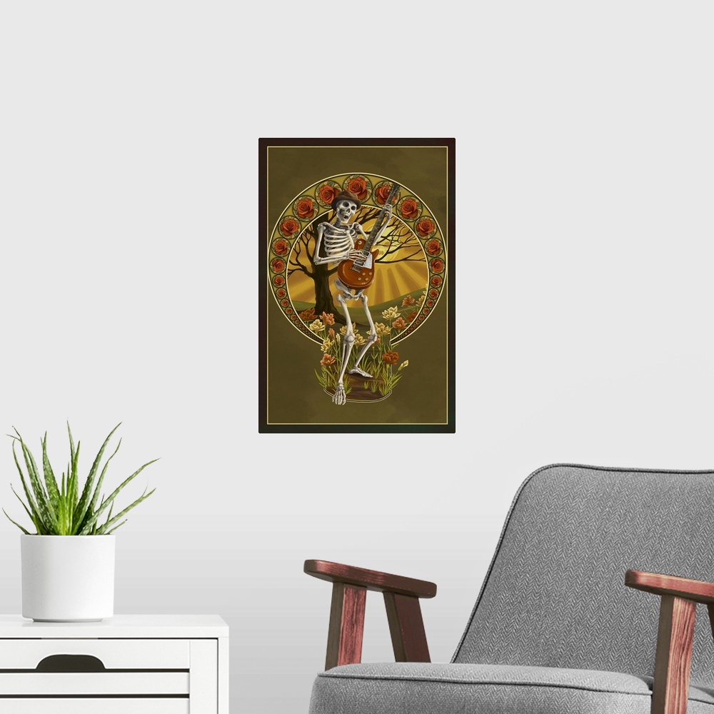 A modern room featuring Skeleton and Guitar: Retro Travel Poster