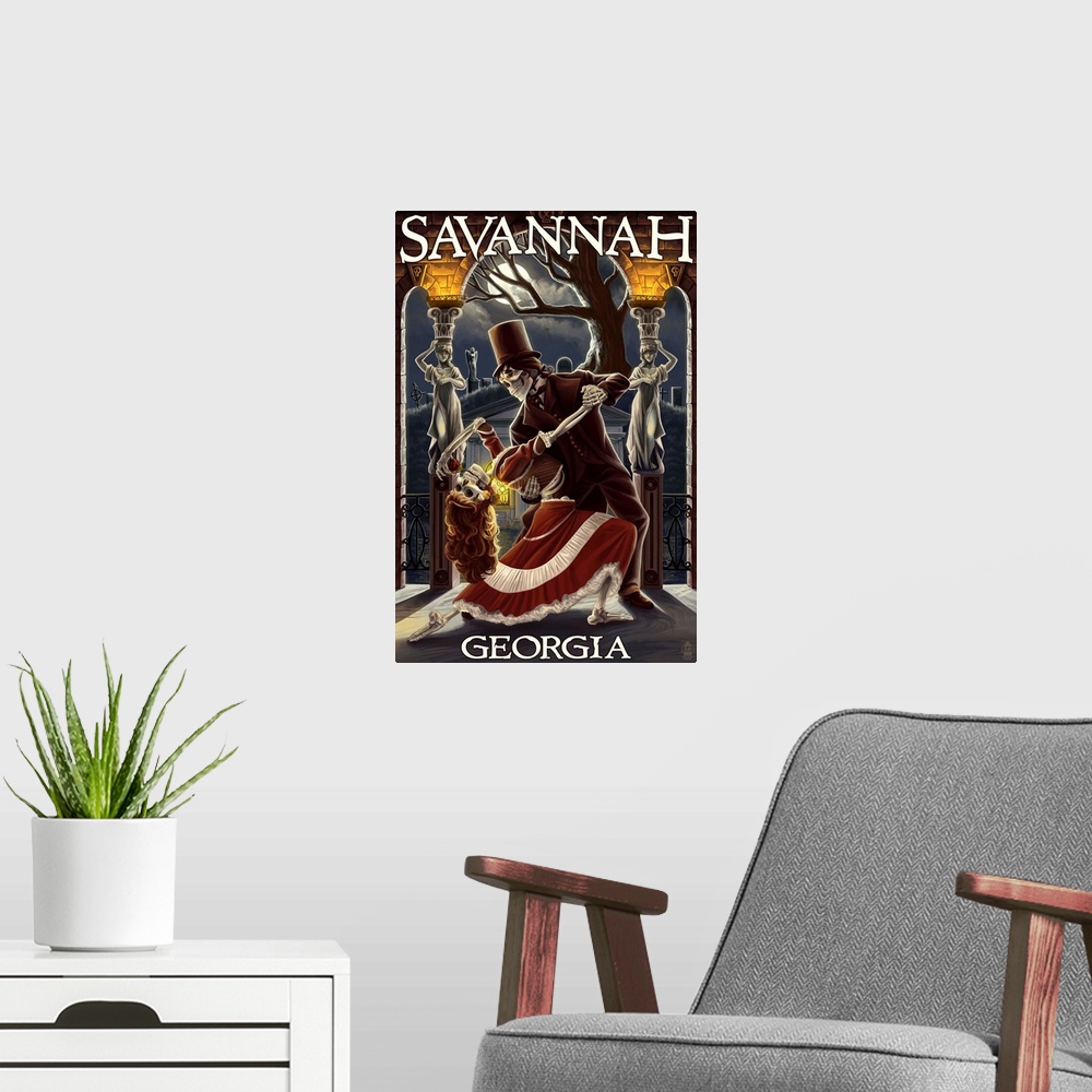 A modern room featuring Skeletons Dancing - Savannah, Georgia: Retro Travel Poster