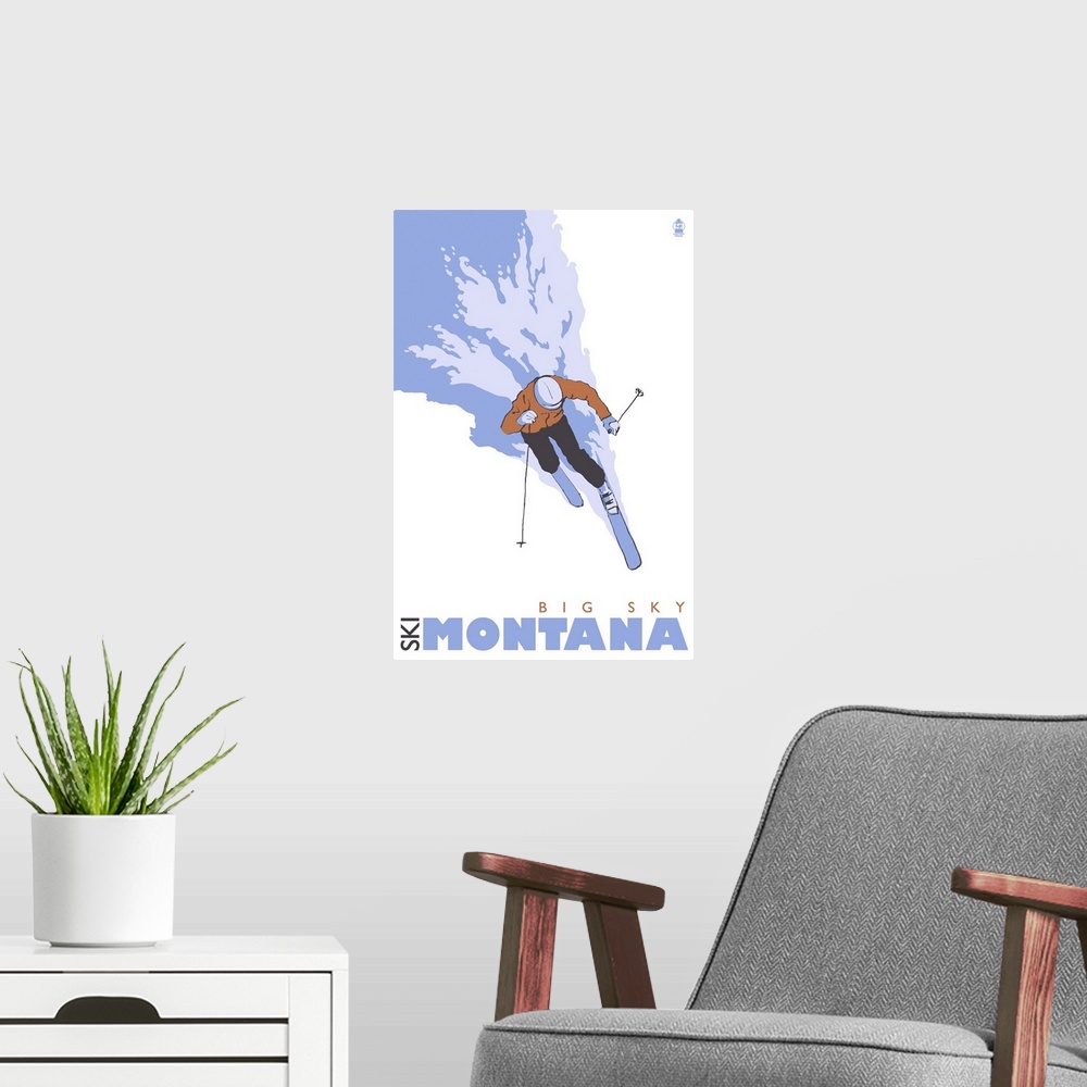 A modern room featuring Skier Stylized - Big Sky, Montana: Retro Travel Poster