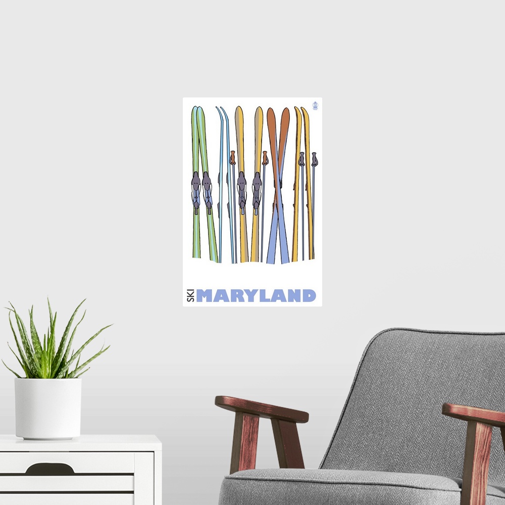 A modern room featuring Skis in Snow - Maryland: Retro Travel Poster