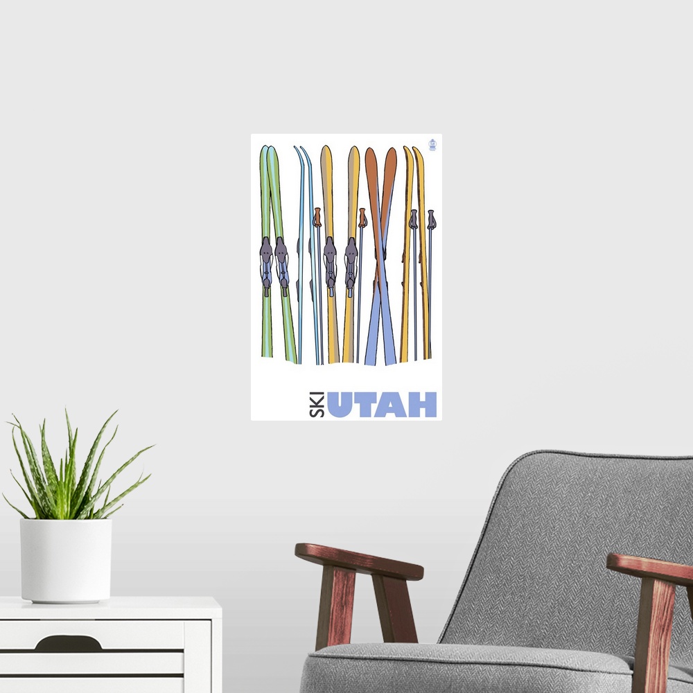 A modern room featuring Skis in Snow - Utah: Retro Travel Poster