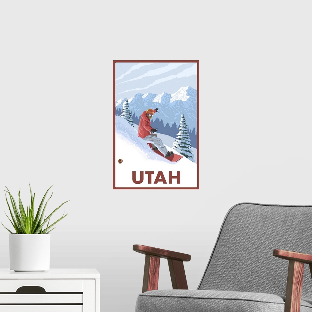 A modern room featuring Snowboarder Scene - Utah: Retro Travel Poster
