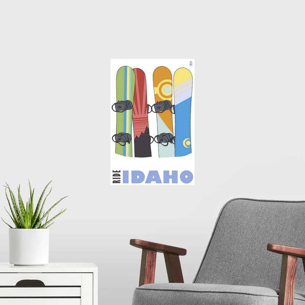 A modern room featuring Snowboards in Snow - Idaho: Retro Travel Poster