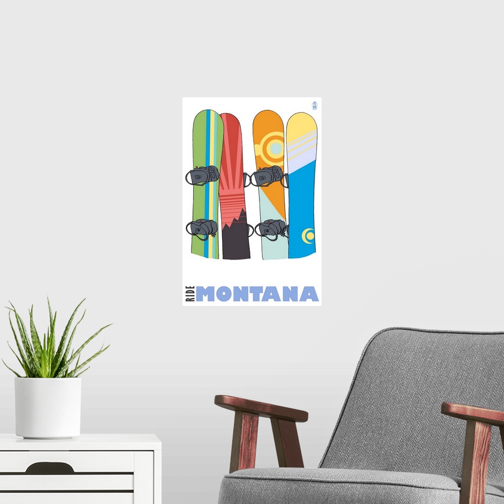 A modern room featuring Snowboards in Snow - Montana: Retro Travel Poster
