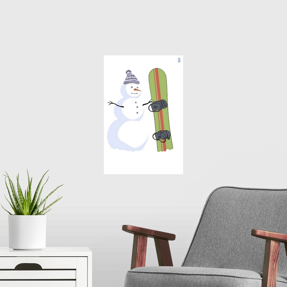 A modern room featuring Retro stylized art poster of a snowman standing beside a snowboard.