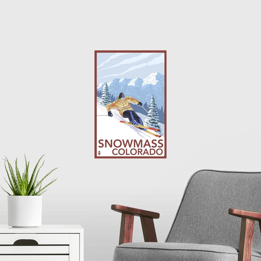 A modern room featuring Snowmass, Colorado - Downhill Skier: Retro Travel Poster