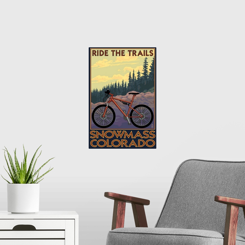 A modern room featuring Snowmass, Colorado - Mountain Bike: Retro Travel Poster