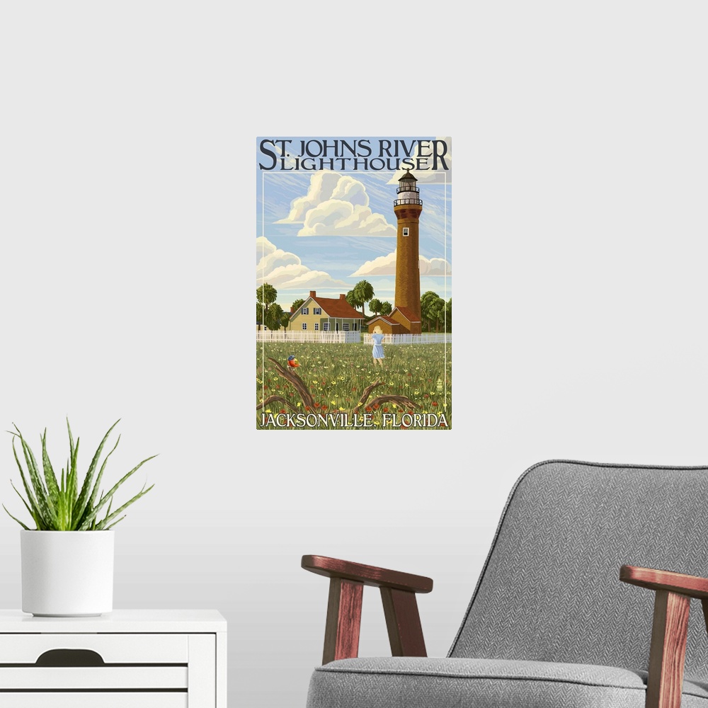 A modern room featuring St. Johns River Lighthouse - Jacksonville, Florida: Retro Travel Poster
