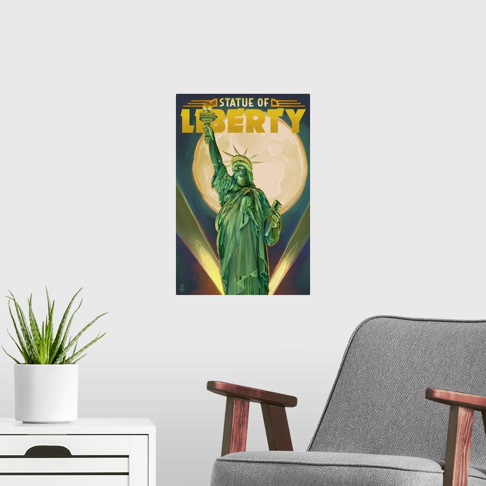 A modern room featuring Statue of Liberty and Full Moon - New York City, New York: Retro Travel Poster