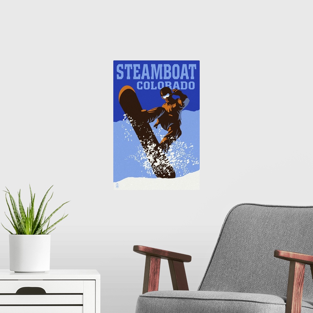 A modern room featuring Steamboat, Colorado - Colorblocked Snowboarder: Retro Travel Poster