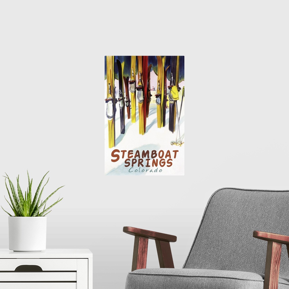 A modern room featuring Steamboat Springs, CO - Colorful Skis: Retro Travel Poster