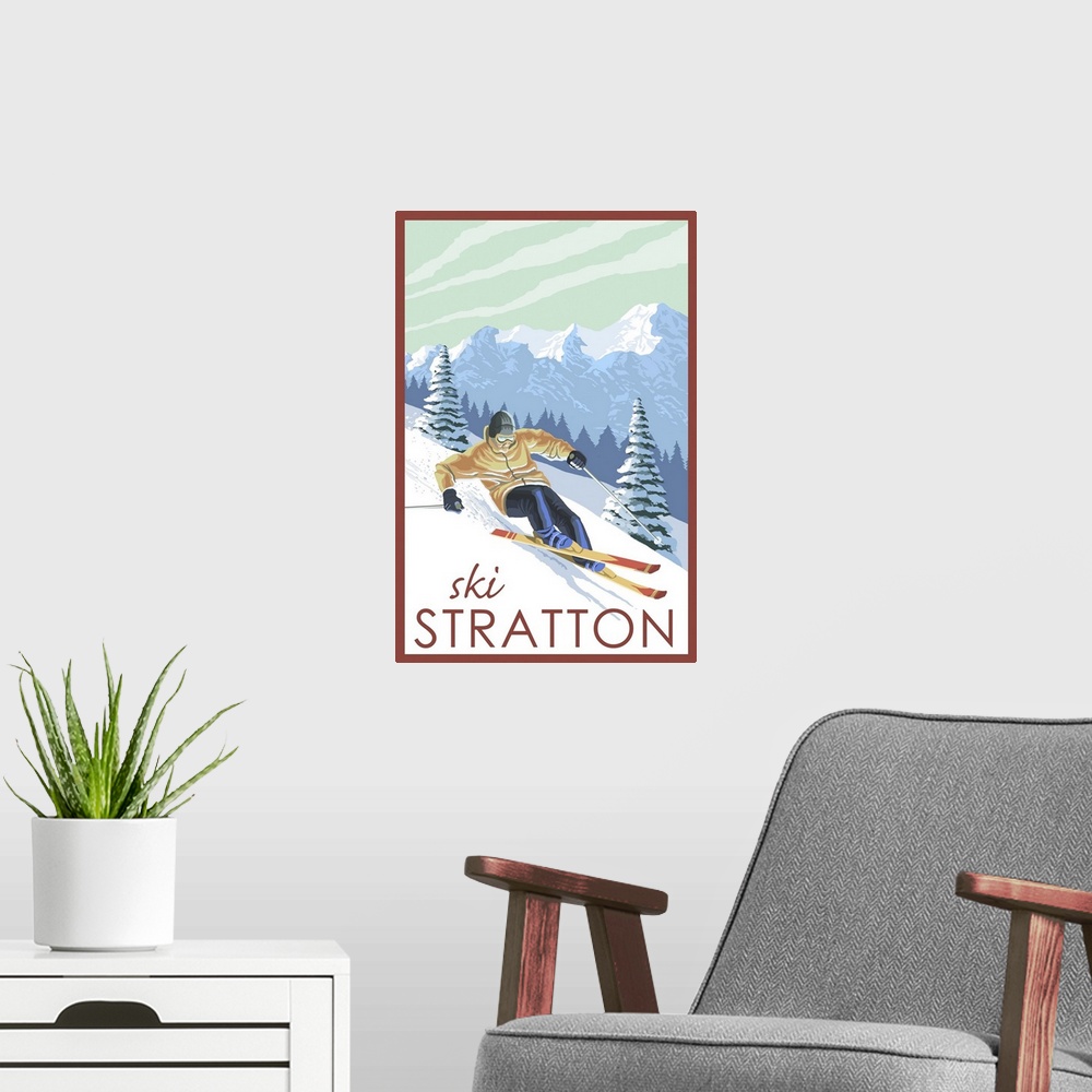 A modern room featuring Stratton, Vermont - Downhill Skier Scene: Retro Travel Poster