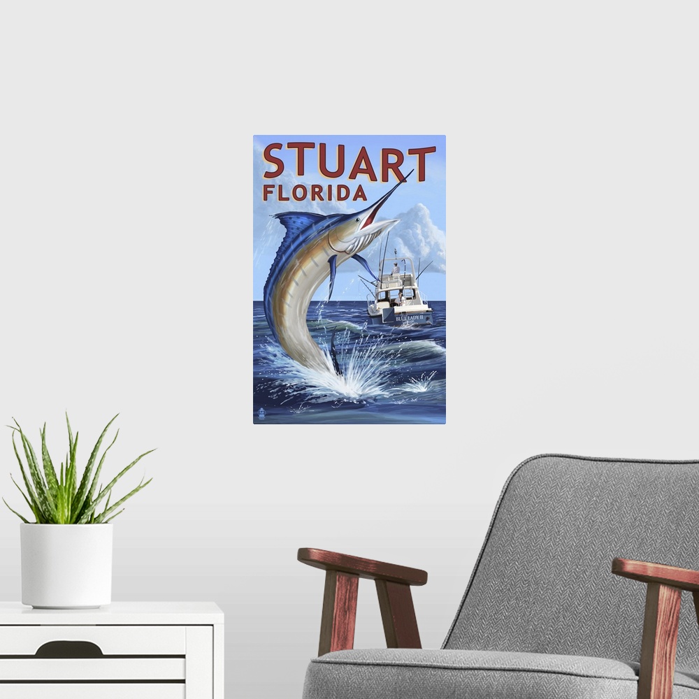 A modern room featuring Retro stylized art poster of marlin jumping out of the water into the air, with a fishing line in...