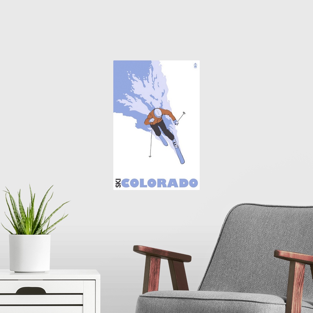 A modern room featuring Stylized Skier - Colorado: Retro Travel Poster