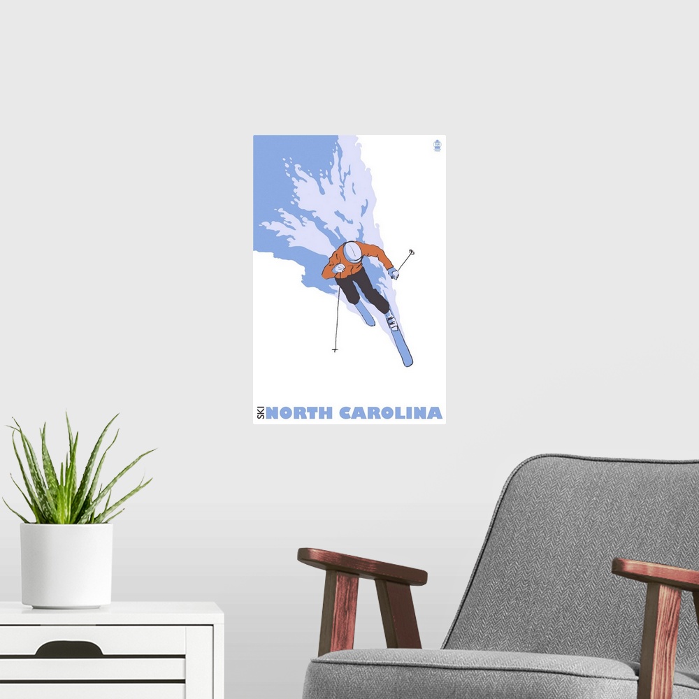 A modern room featuring Stylized Skier - North Carolina: Retro Travel Poster