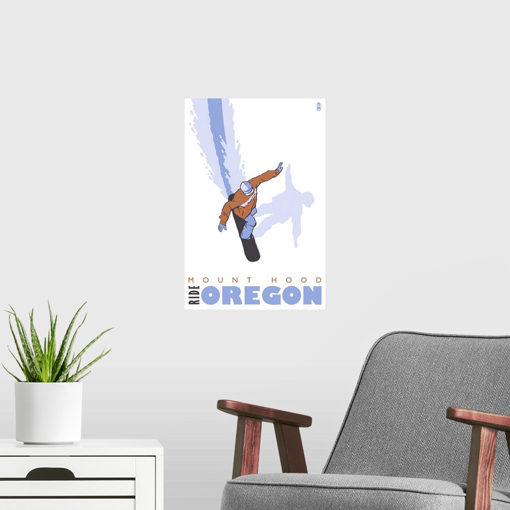 A modern room featuring Stylized Snowboarder - Mount Hood, Oregon: Retro Travel Poster