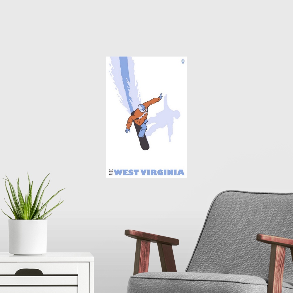 A modern room featuring Stylized Snowboarder - West Virginia: Retro Travel Poster