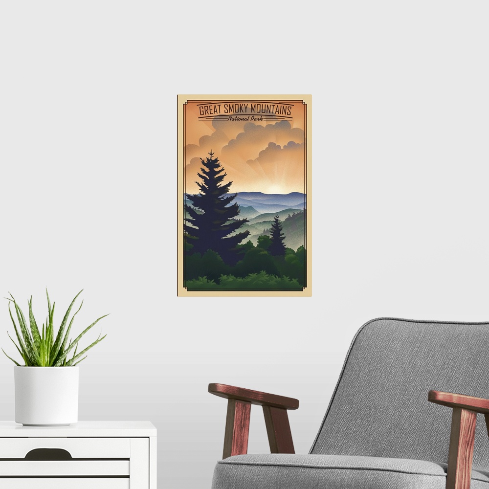 A modern room featuring Sun Rising Over Great Smoky Mountains National Park: Retro Travel Poster