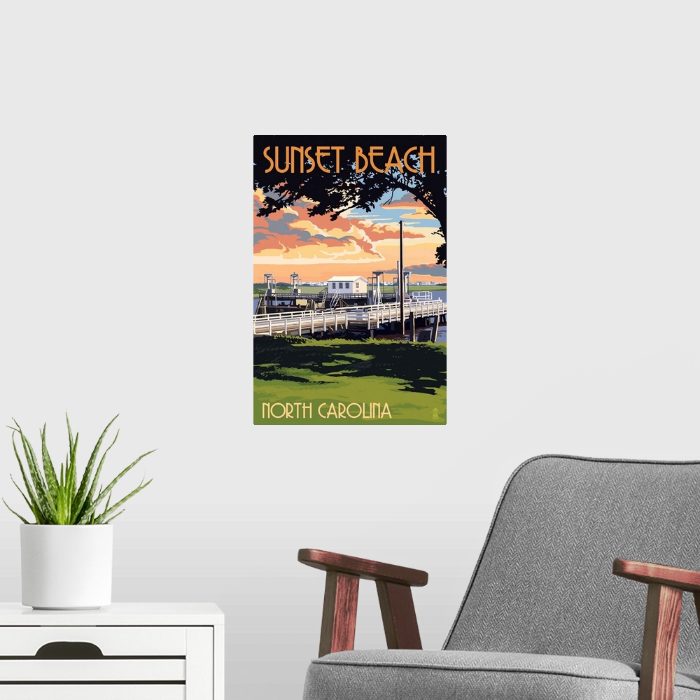 A modern room featuring Sunset Beach - Calabash, North Carolina - Swinging Bridge: Retro Travel Poster