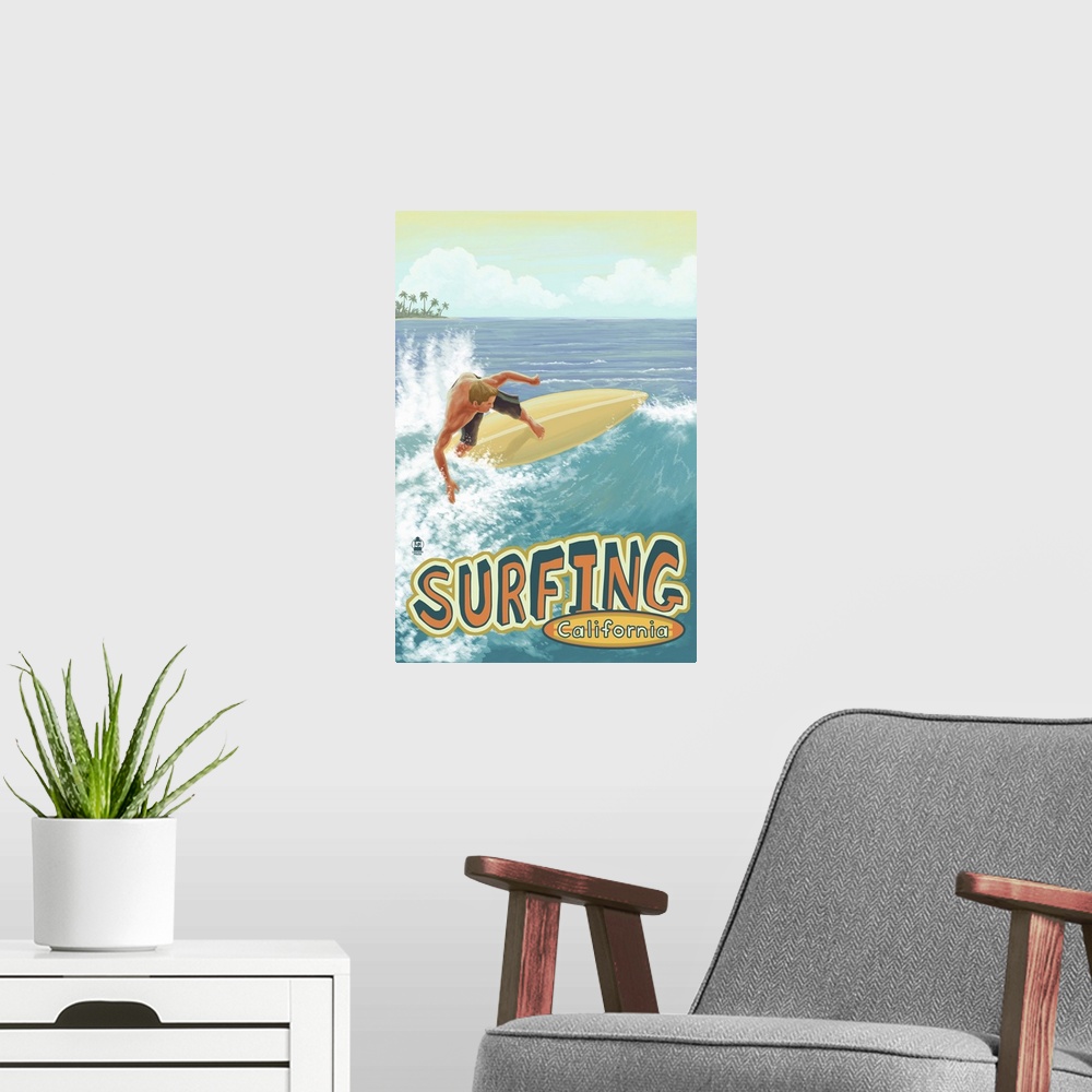 A modern room featuring Surfing California: Retro Travel Poster