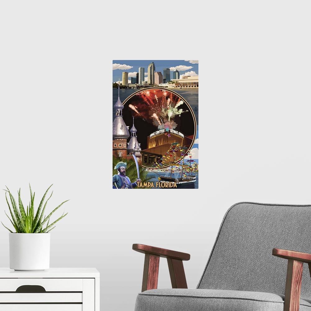 A modern room featuring Retro stylized art poster of a montage of scenes from the city of Tampa in Florida.