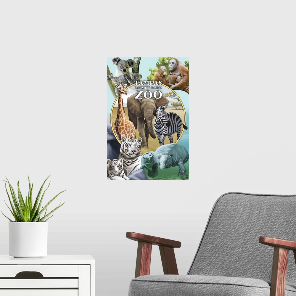 A modern room featuring Tampa's Lowry Park Zoo, Florida - Wildlife Montage: Retro Travel Poster