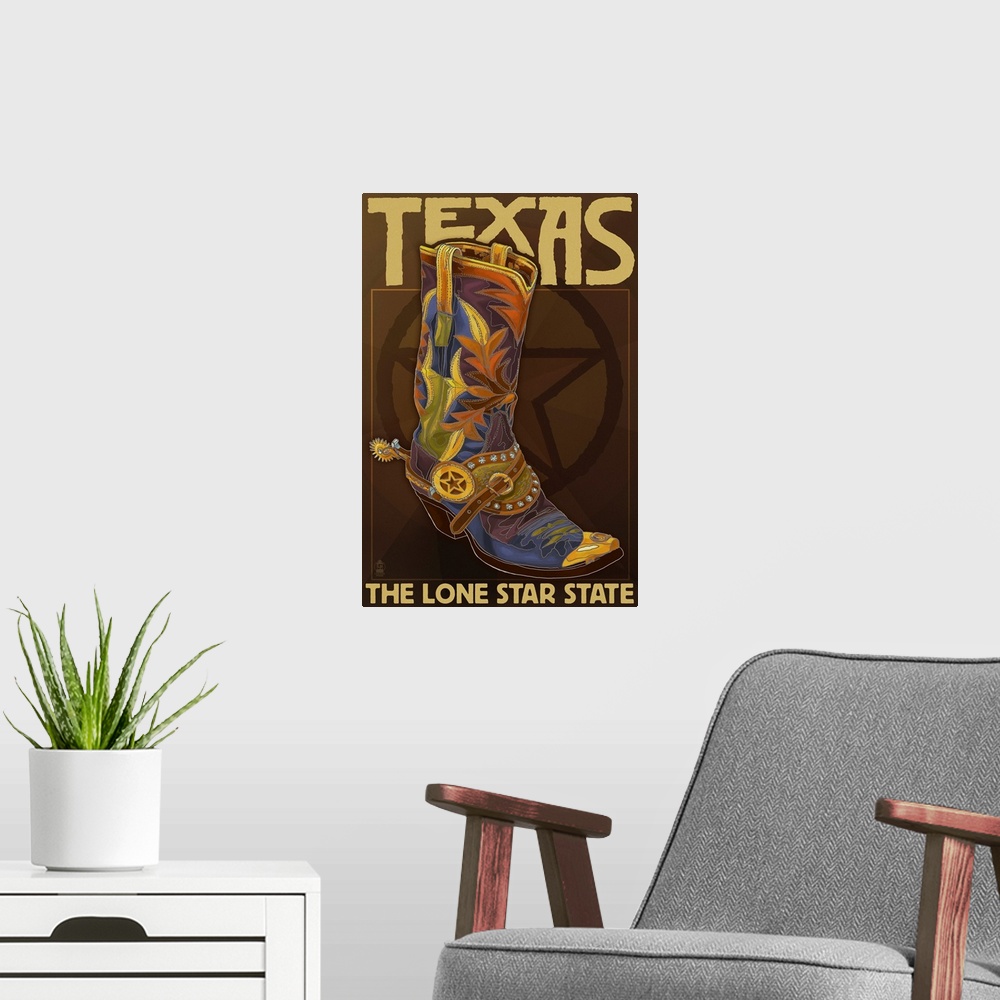 A modern room featuring Texas - Boot and Star: Retro Travel Poster